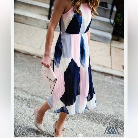 NWT Banana Republic Blue and Pink Geometric Color-block Pleated Dress 6 - Picture 16 of 16